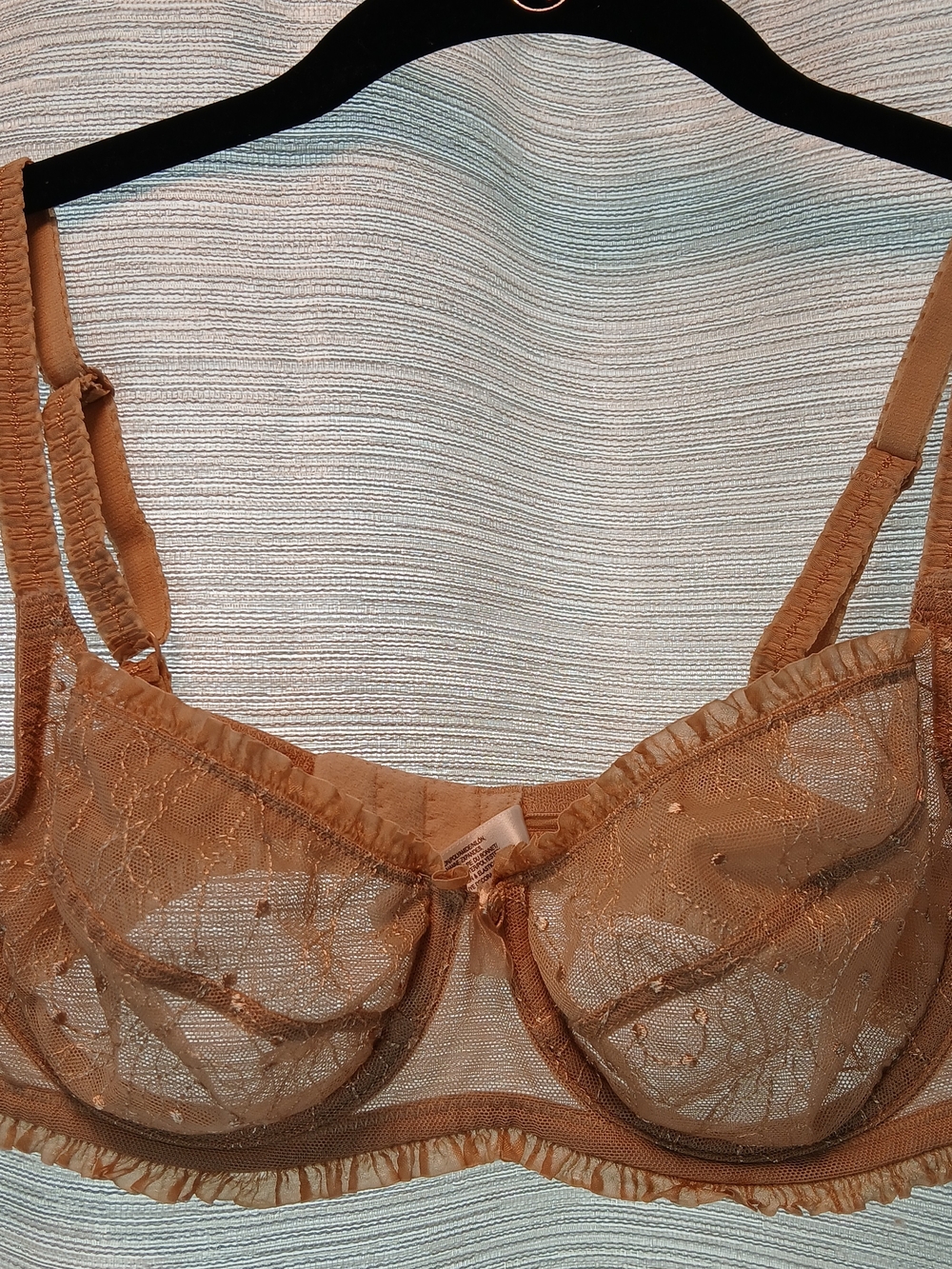 Sheer Lace Underwire Bra in Tan with Ruffle Trim